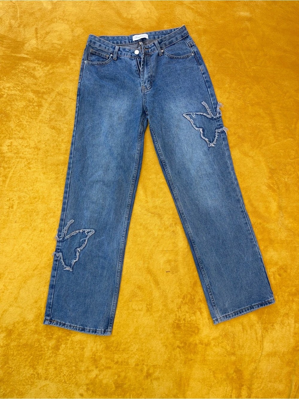Angel Kiss Blue Straight-Leg Men's Jeans with Frayed Butterfly Details